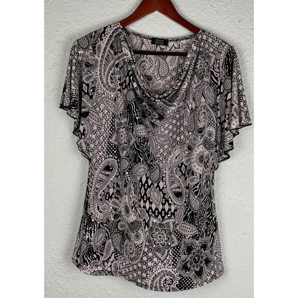 Shannon Ford New York Medium Black White Flutter Sleeve Cowl Neck Sequins